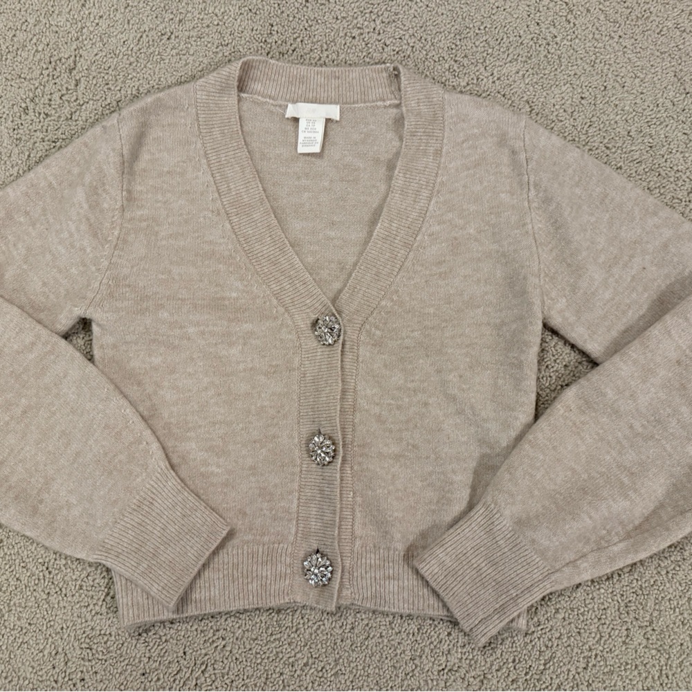 H&M Rhinestone Button Beige Knot Cardigan XS